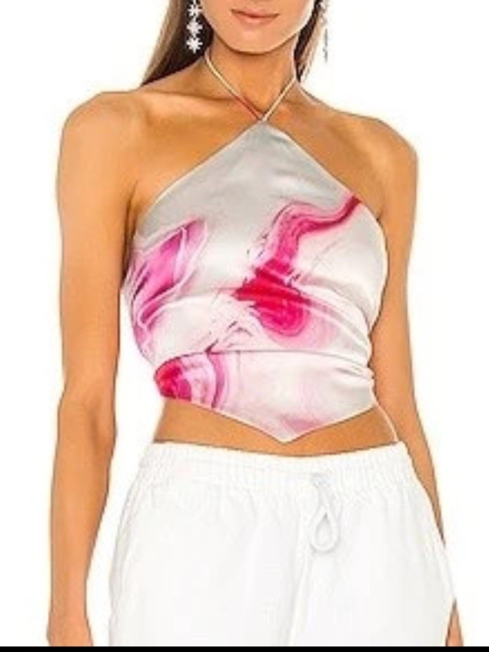 Retrofete Doris Silk Satin Halter Top Handkerchief Hem Pink Marble M NWOT